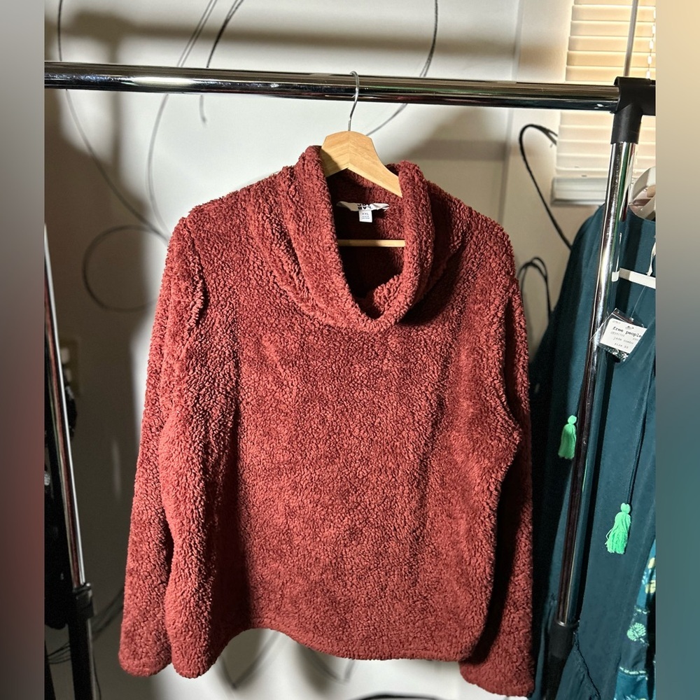 JoyLab Sherpa Fuzzy Rust Cowl Neck Pullover, Women’s XXL